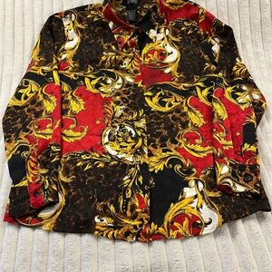 Studio 3000 Women's Red, Black, and Gold Baroque Silk Button Down Shirt Size L